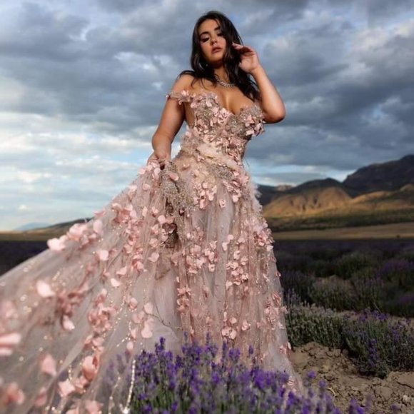 SAMPLE GOWN ONLY "VERITY" Blush & Rose Gold Floral Lace Wedding Ballgown Set